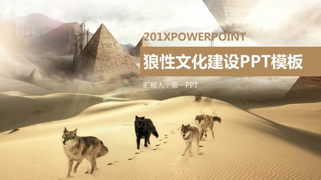 沙漠、狼群幻灯片背景图片 沙漠狼群背景的狼性公司团队文化PPT模板