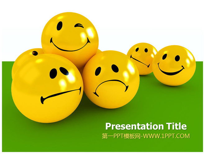 黄色绿色PPT背景 可爱3d圆球可爱表情背景的卡通幻灯片模板