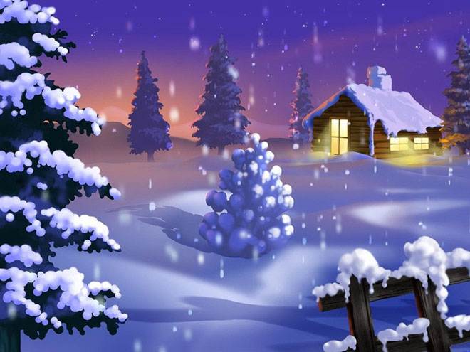 紫色背景图片 雪地里的小木屋PPT背景图片