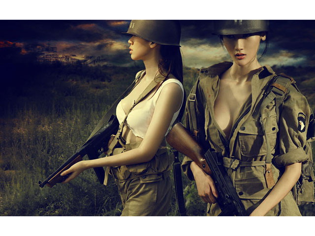 二战PPT模板 二战女兵军事PPT背景图片